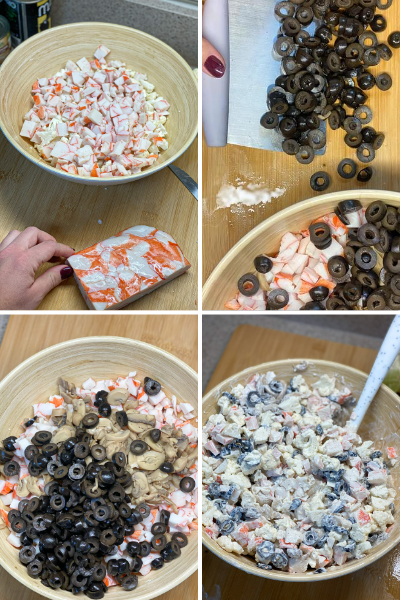 step by step process pictures of imitation crab being cut into small cubes as well as black olives which is then added into a bowl 