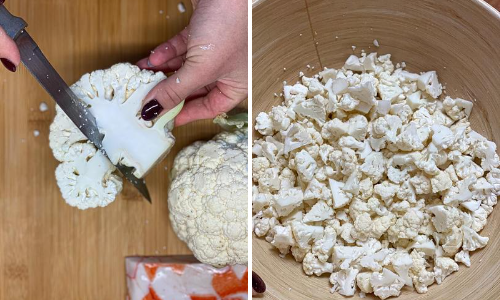 hand cutting out the stem of a cauliflower then chopping the cauliflower into small bite sizes