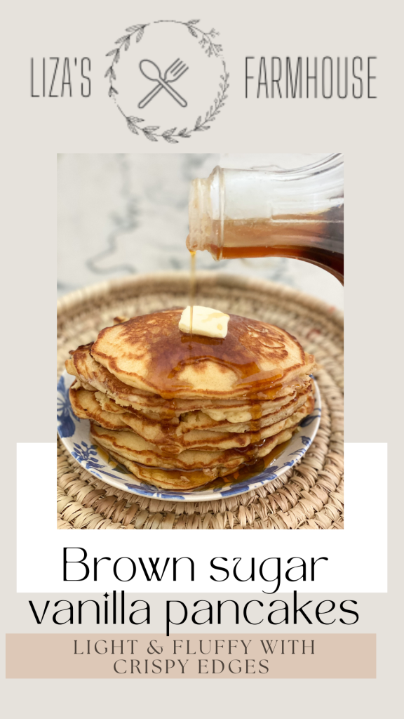 Thumb nail for Pinterest, stack of pancakes with butter on top, and maple syrup pouring