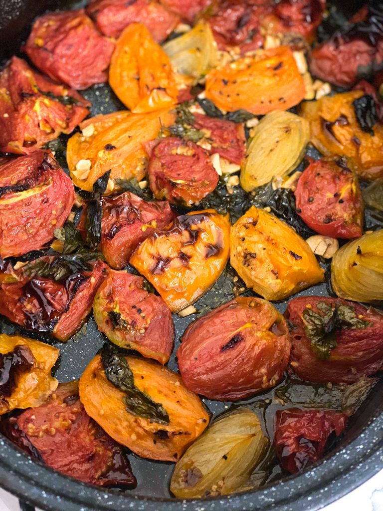 roasted tomato's in a black pan