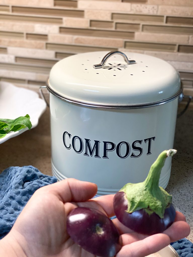 compost bucket on a countertop with a hand holding vegetable scraps