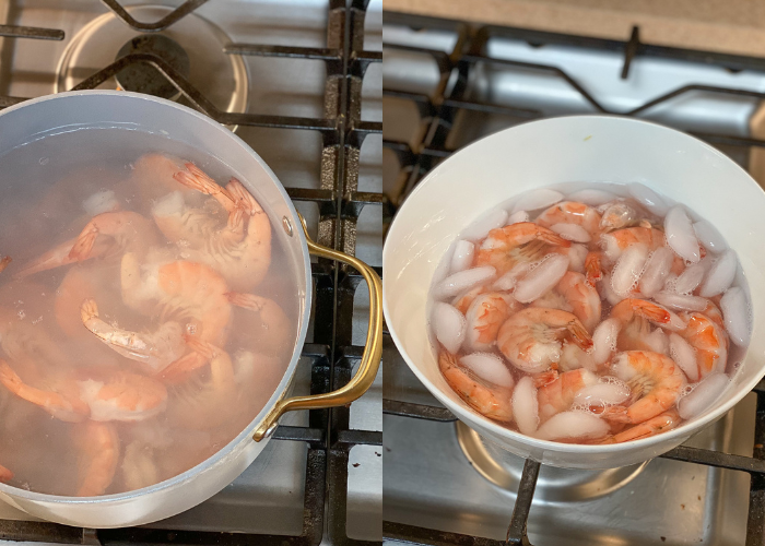 Shrimp boiling on a pot, with shrimp in an ice bath next to it