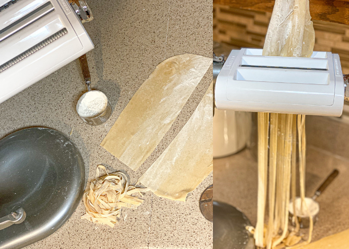 split picture, of the process of making homemade noodles.
