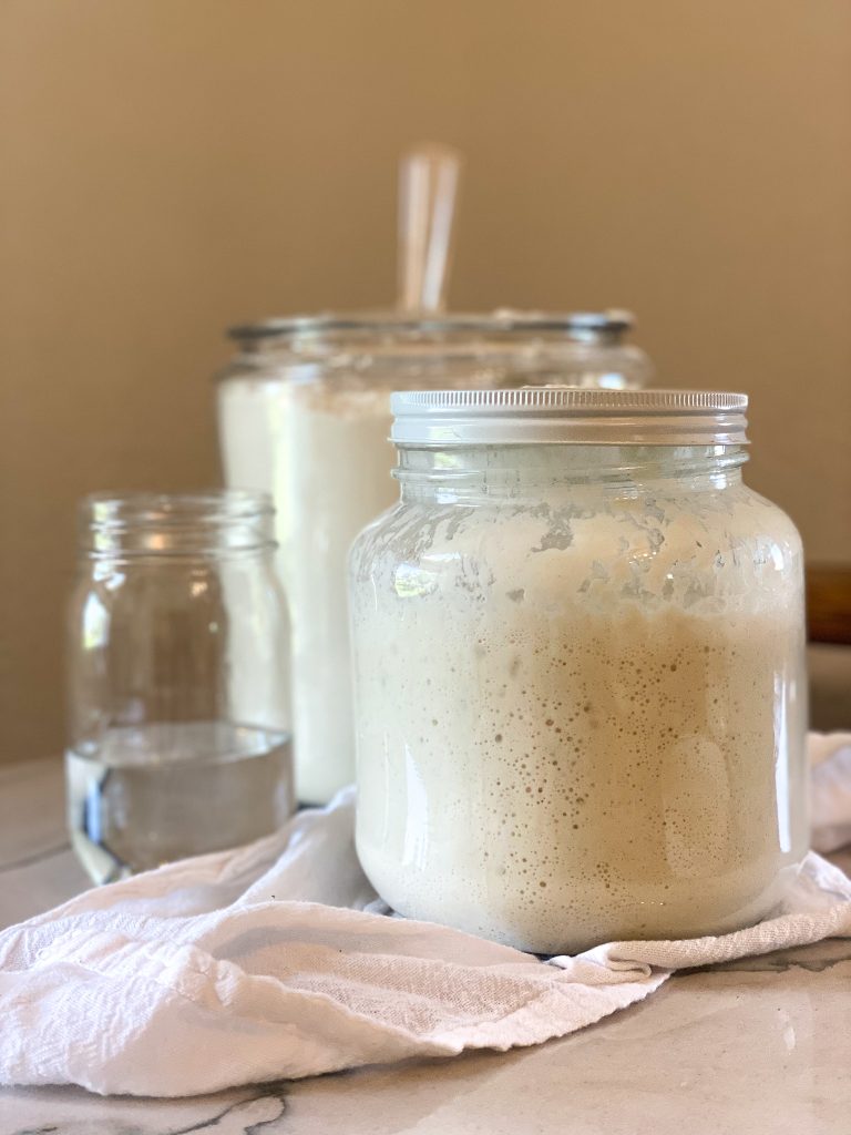 Sourdough starter in a jar on a countertop with flour and water