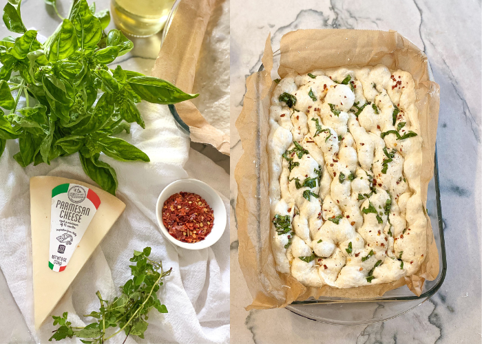 ingredients laid out on a countertop and focaccia dough with dimples in a glass sheet pan