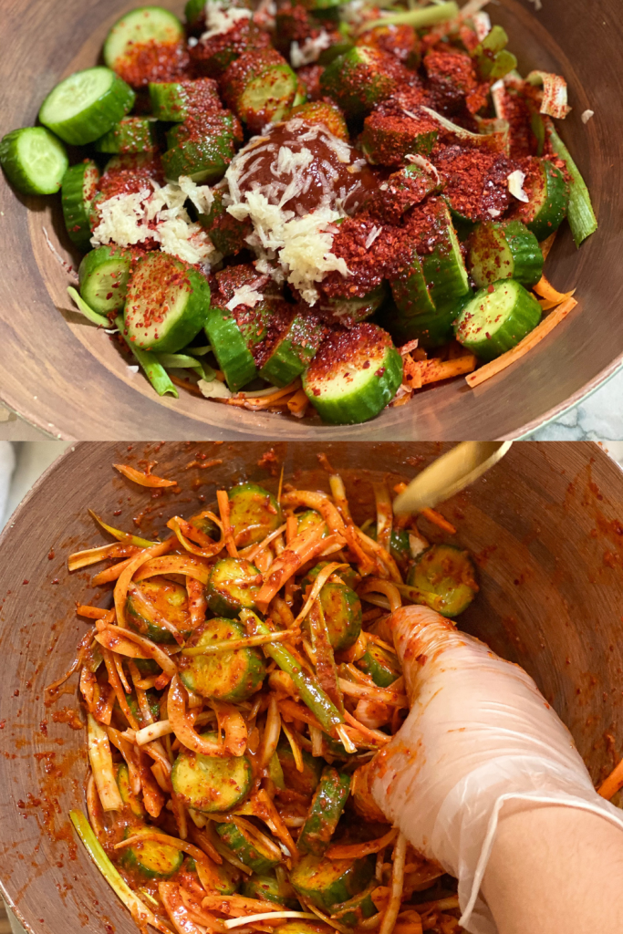 a picture split into two, cucumber salad in a bowl kimchi ingredients, and a hand wearing gloves mixing it.