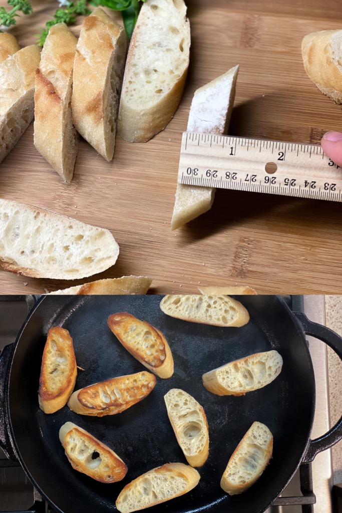 hand measuring the width of a baguette, slices are frying in olive oil on a cast iron skillet. 