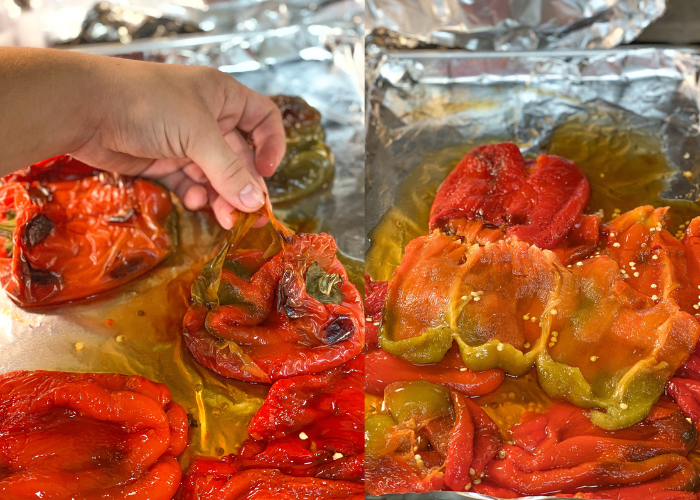 hand peeling the skins off of roasted bell peppers