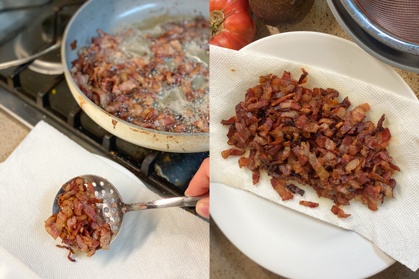 cooking bacon in a pan, a hand taking the bacon out with a slotted spoon onto a paper towel
