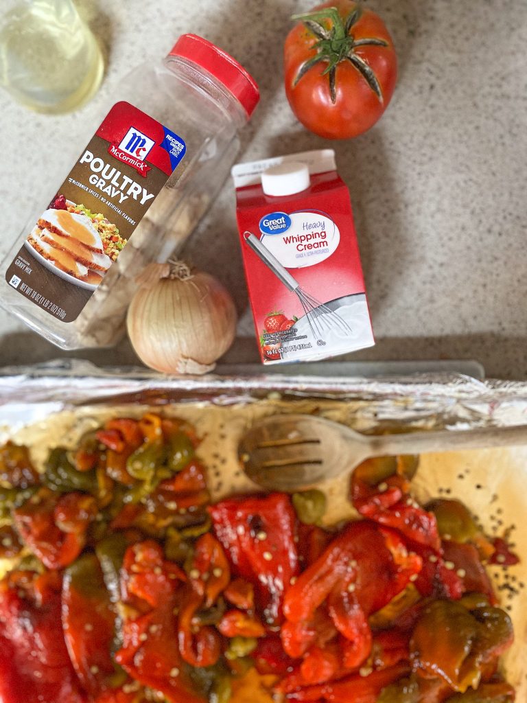 ingredients laid out on a counter tip to make roasted bell peppers in a cream sauce
