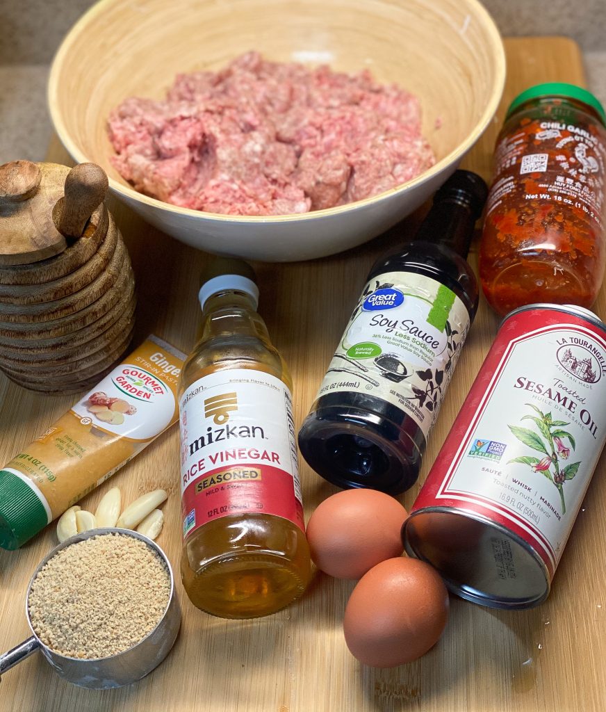 ingredients laid out to make Asian meatballs on a countertop