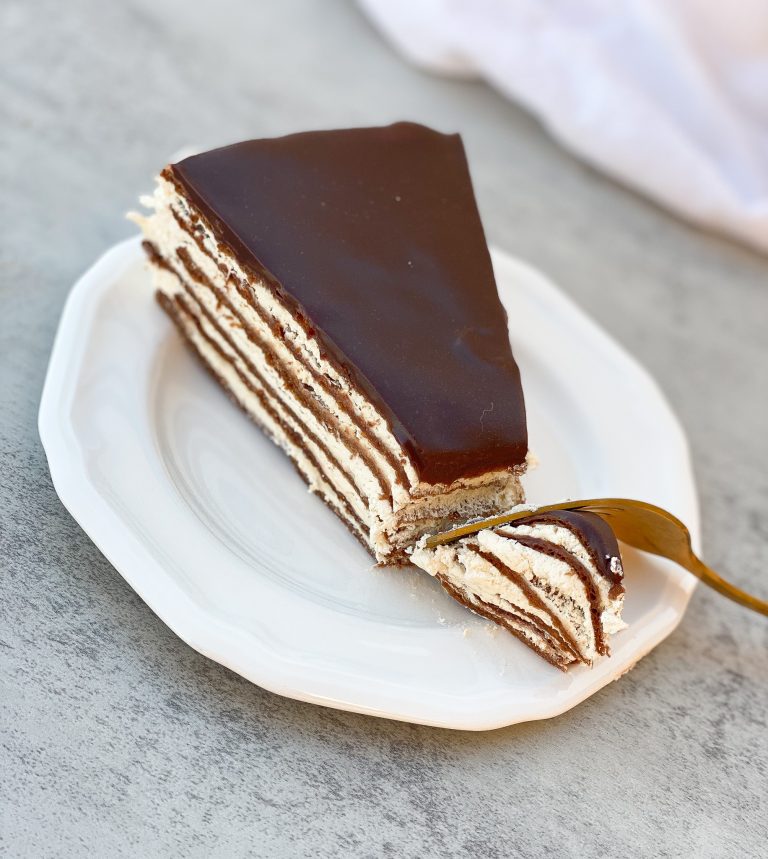 chocolate Spartak cake sliced on a white plate