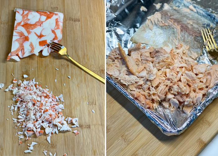 split picture of imitation crab being shredded with a gold fork and salmon shredded in foil