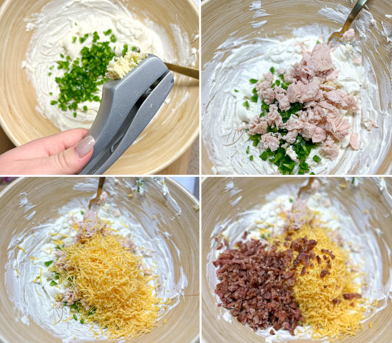 process shot on garlic being minced, canned chicken added to a bowl with cream cheese, shredded cheddar cheese, and bacon bits