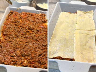 meat sauce in a deep baking sheet with homemade pasta sheets over it