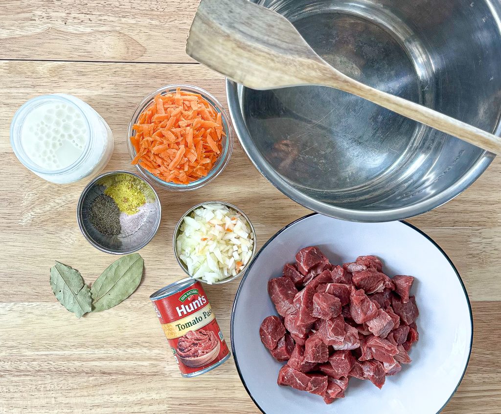 ingredients laid out on butcher block countertop to make Instant pot beef tips with gravy recipe (easy dinner)