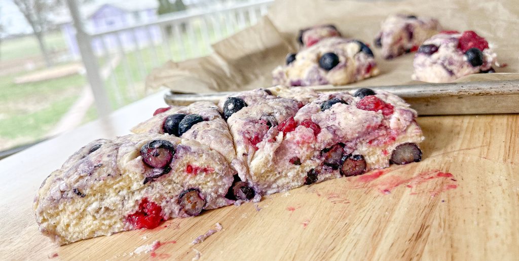 berry scones dough on a countertop 