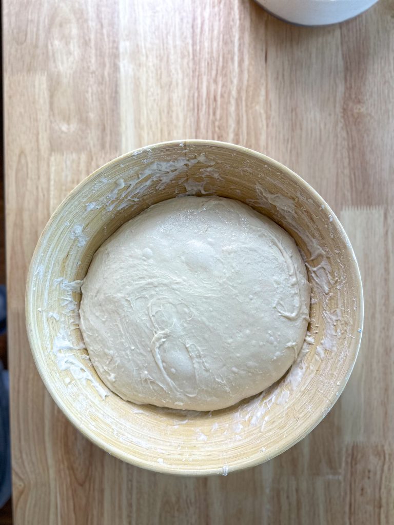 sourdough dough in a bowl during an autolyse