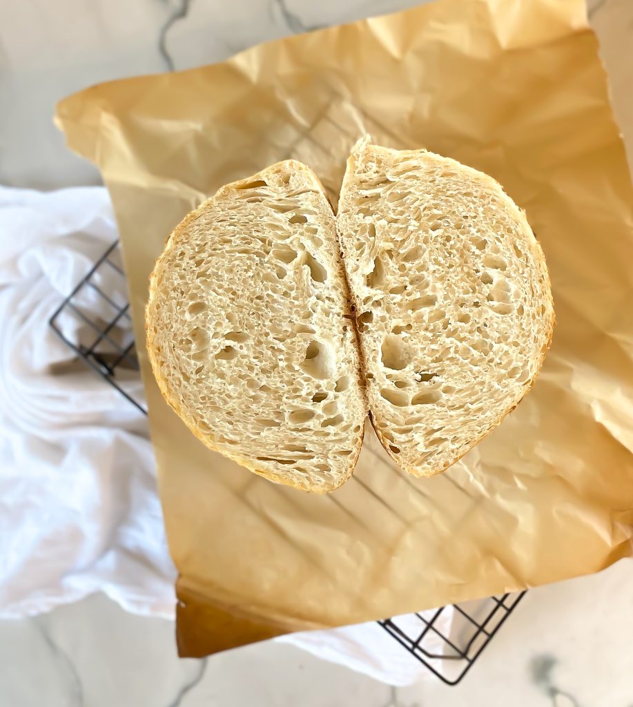 sourdough cut in half to show the inside crumb 