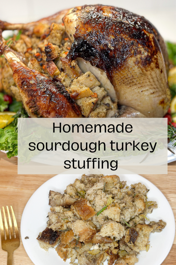 Pinterest ad of a roasted turkey with sourdough stuffing in it, and a bottom picture on sourdough stuffing on a small white plate on butcherblock countertop