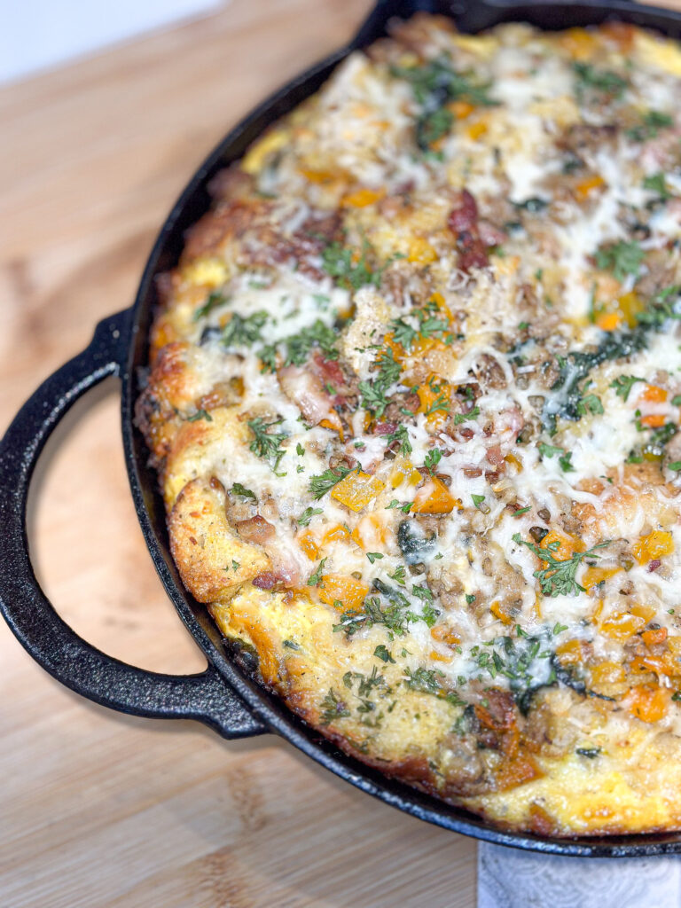 sourdough strata in a cast iron skillet