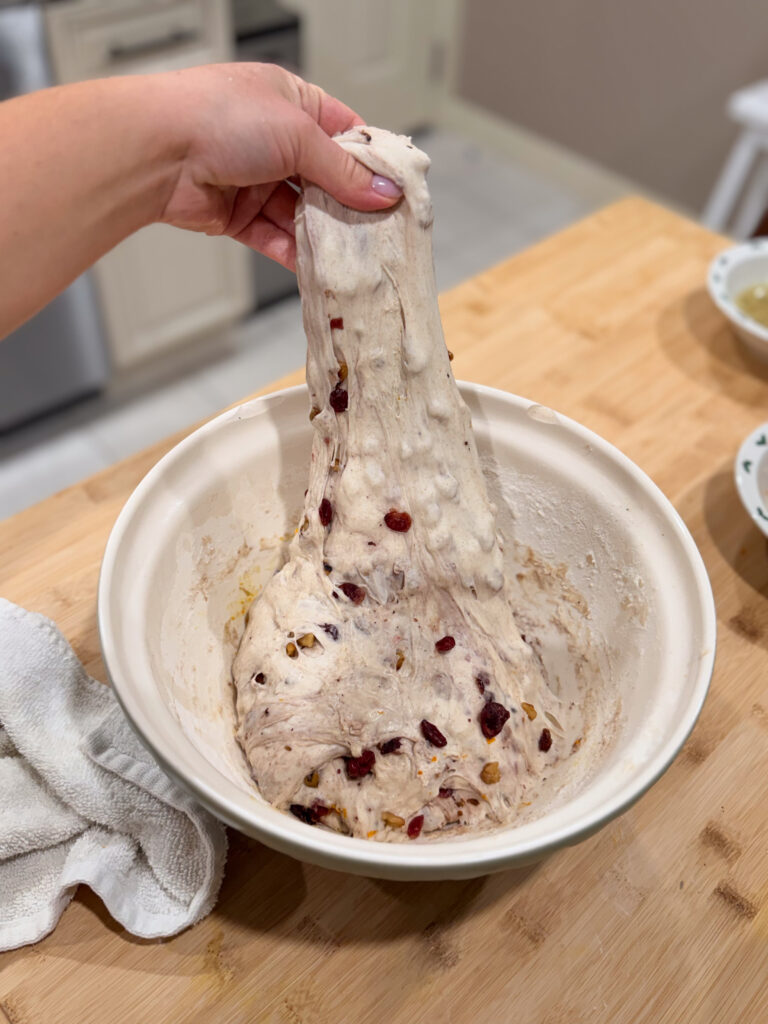 Hand lifting and stretching cranberry walnut sourdough dough during a stretch-and-fold, highlighting the dough’s elasticity and the cranberry and walnut add ins