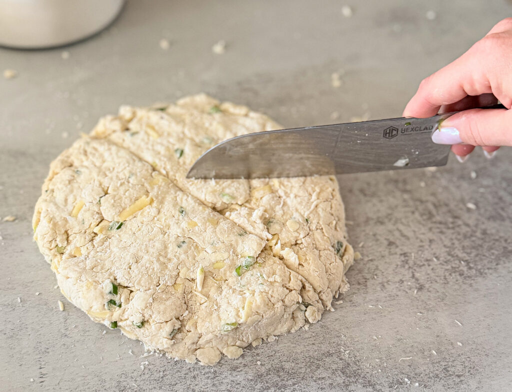 IMG_0456 Round disk of cheddar chive scone dough on a lightly floured surface being cut into wedges with a sharp knife.
