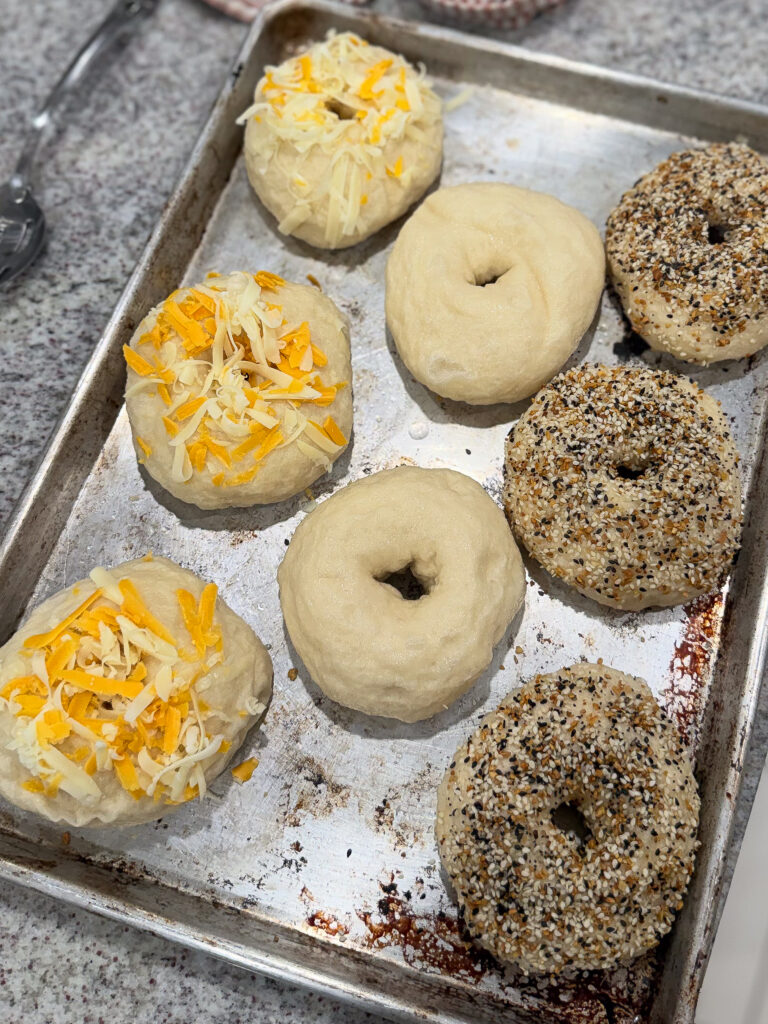 A metal baking sheet with seven unbaked bagels, some topped with shredded cheese and others with everything seasoning, on a speckled countertop.