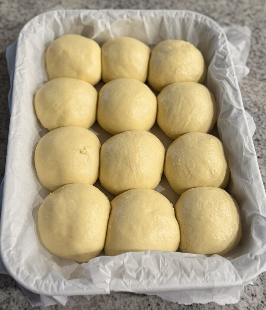 Twelve round balls of dough are arranged in three rows in a parchment-lined rectangular baking dish on a speckled countertop.