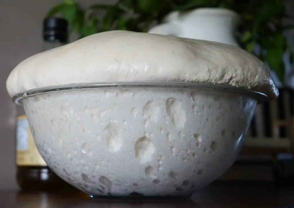 A glass bowl filled with risen bread dough, overflowing above the rim, sits on a counter with blurred kitchen items in the background.