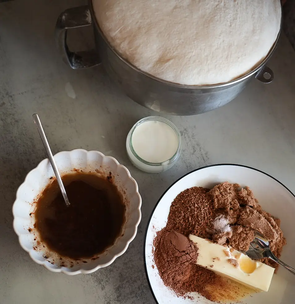 A bowl of risen dough, a bowl of brown liquid with a spoon, a plate with cocoa powder, brown sugar, butter, and a small jar of milk are arranged on a countertop.